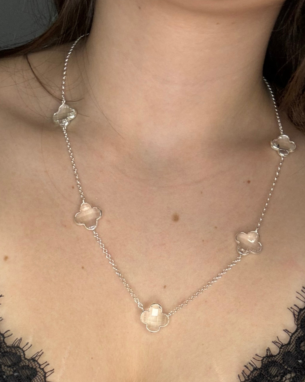 Colar De Prata Trevo Pedras Cristal