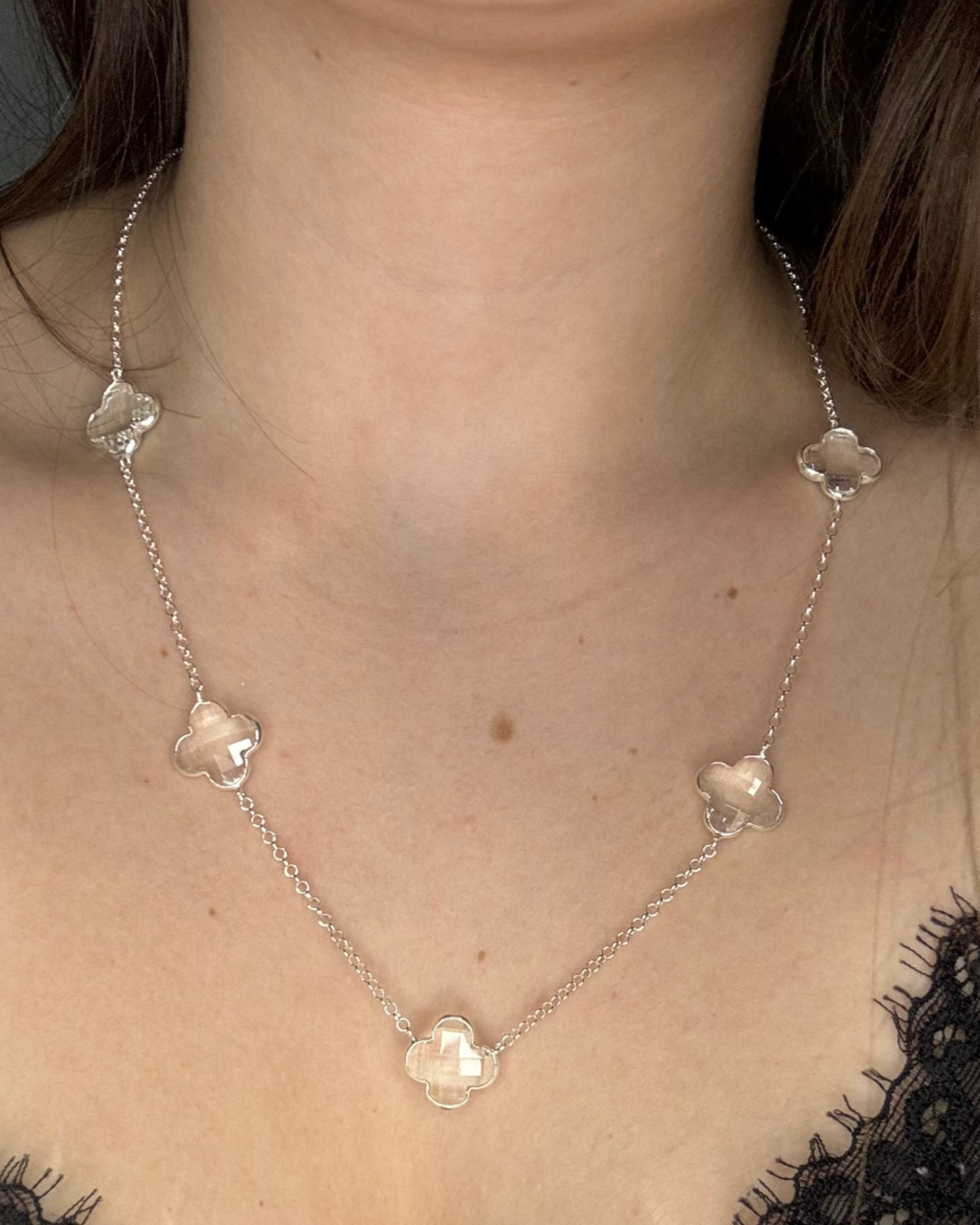 Colar De Prata Trevo Pedras Cristal