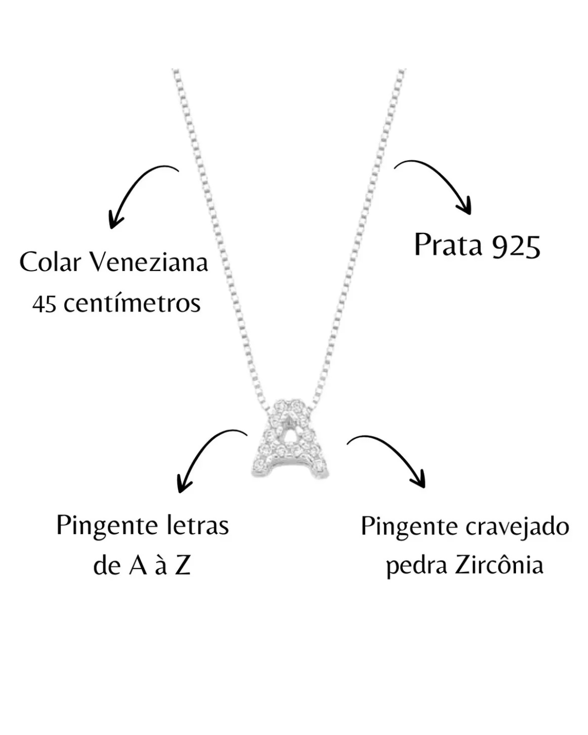 Colar Letra Inicial Cravejada em Prata 925 I 45 cm