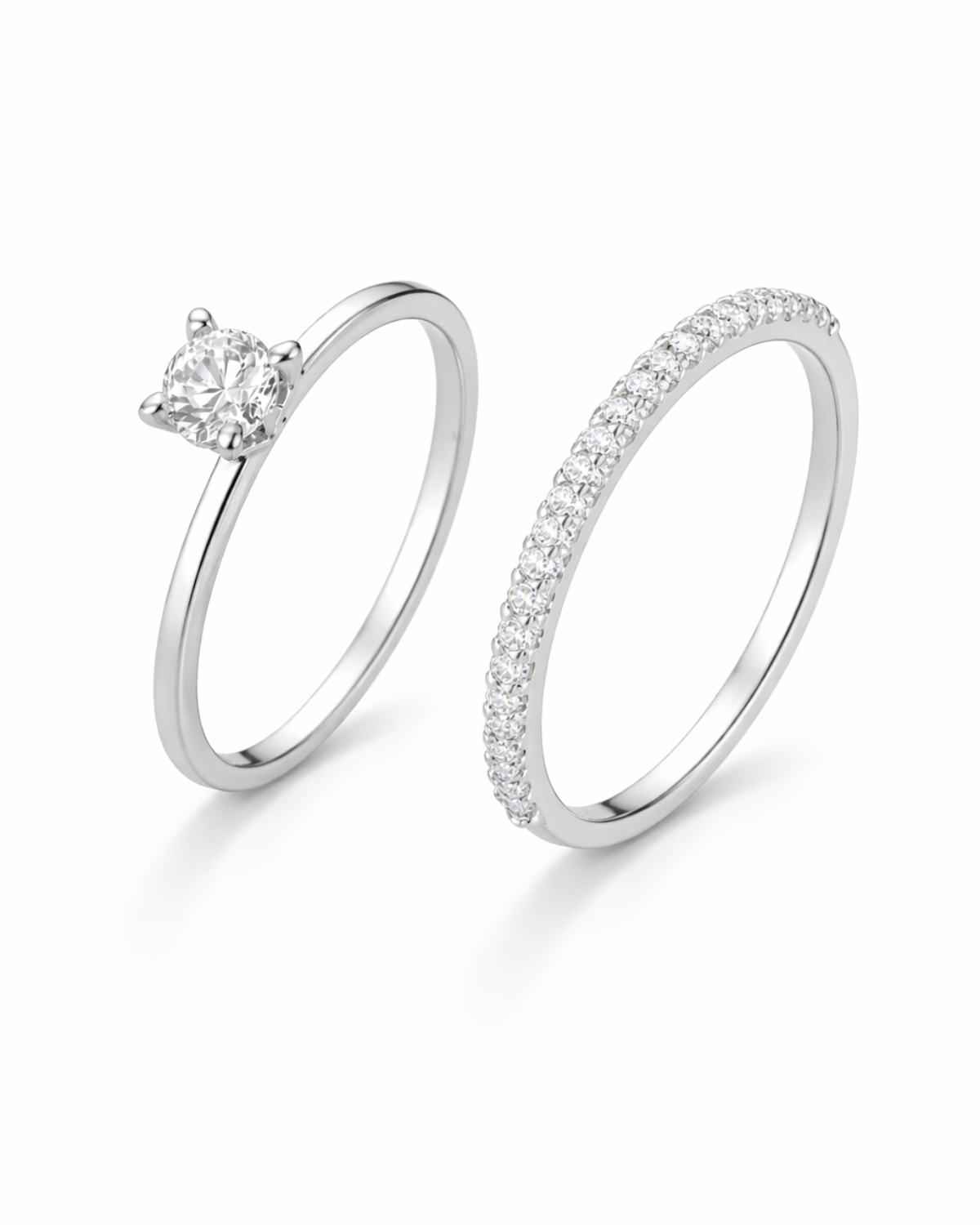 Kit Anéis Solitário e Meia Aliança Cravejada Prata 925