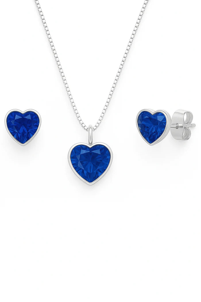 Conjunto Colar e Brinco Ponto de Luz Coração Azul Prata 925