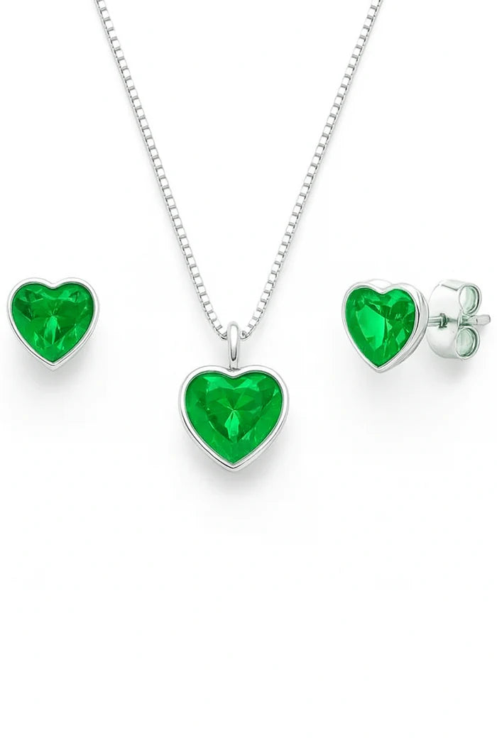 Conjunto Colar e Brinco Ponto de Luz Coração Verde Esmeralda Prata 925