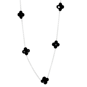 Colar Trevo com Pedras Pretas – Prata 925 | 55 cm