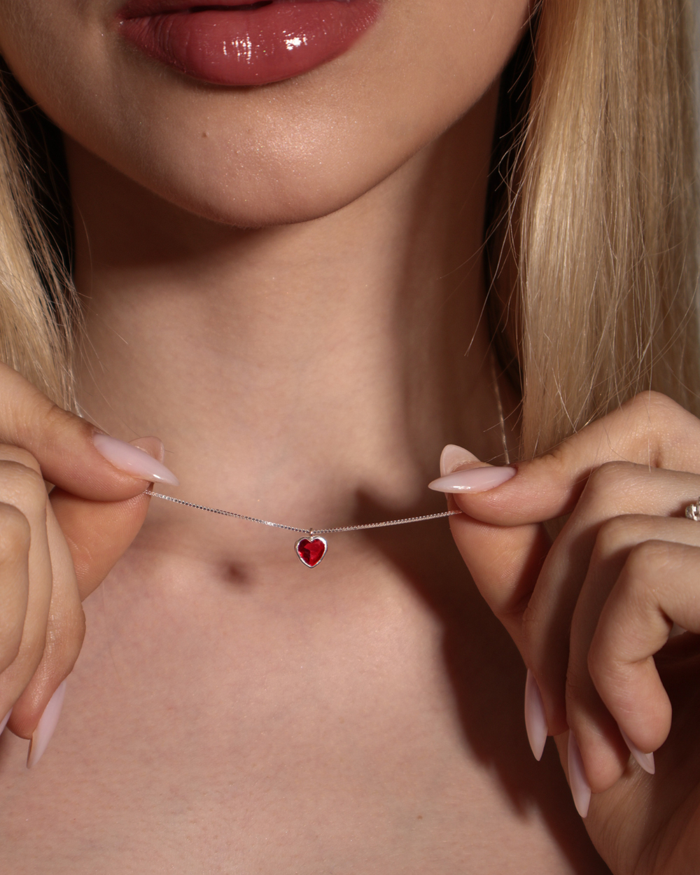 Conjunto Colar e Brinco Ponto de Luz Coração Vermelho Prata 925