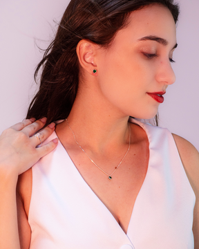 Conjunto Colar e Brinco Ponto de Luz Coração Esmeralda de Prata 925