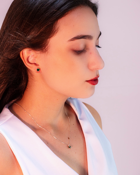 Conjunto Colar e Brinco Ponto de Luz Coração Esmeralda de Prata 925