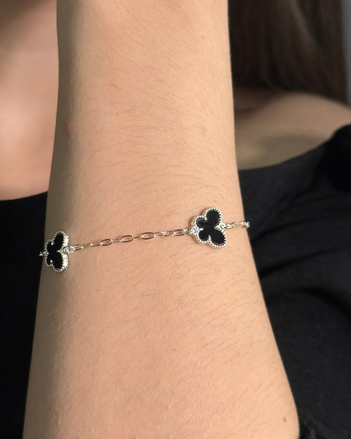 Pulseira Três Borboletas Pretas em Prata 925