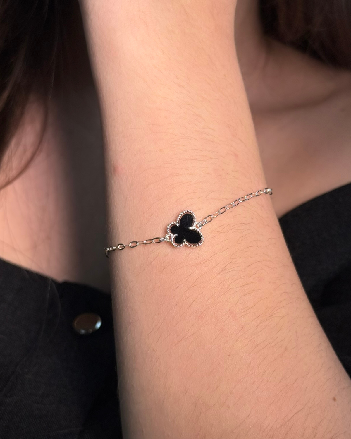 Pulseira Borboleta Preta em Prata 925