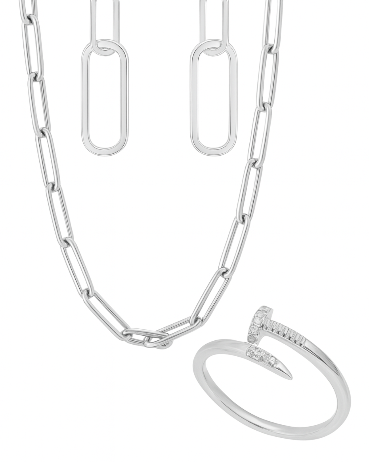 Conjunto Colar e Brinco Elo + Anel Prego Cravejado