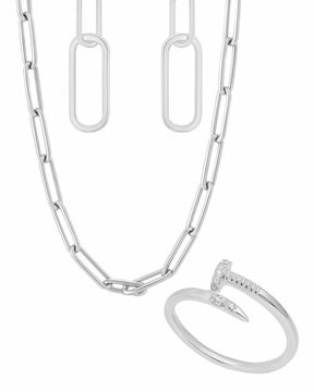 Conjunto Colar e Brinco Elo + Anel Prego Cravejado