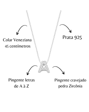 Colar Letra Inicial Cravejada em Prata 925 I 45 cm
