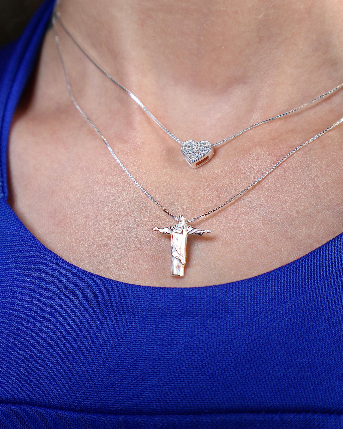 Conjunto Colar Coração Cravejado e Cristo Redentor em Prata 925