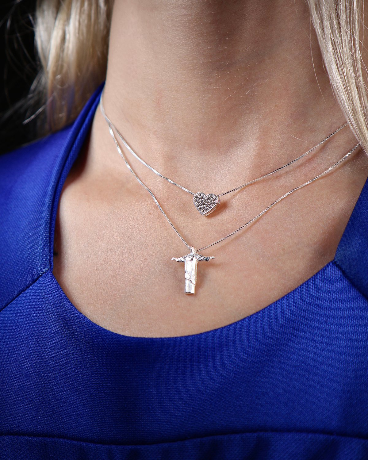 Conjunto Colar Coração Cravejado e Cristo Redentor em Prata 925