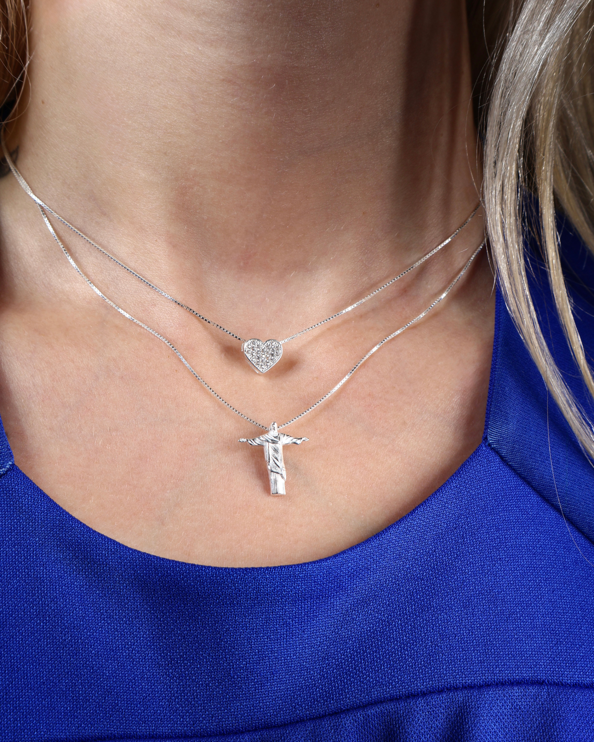 Conjunto Colar Coração Cravejado e Cristo Redentor em Prata 925