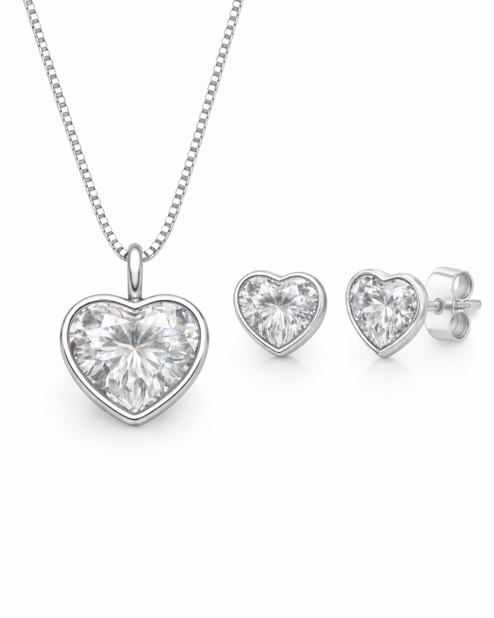 Conjunto Colar e Brinco Ponto de Luz Coração Cristal Prata 925