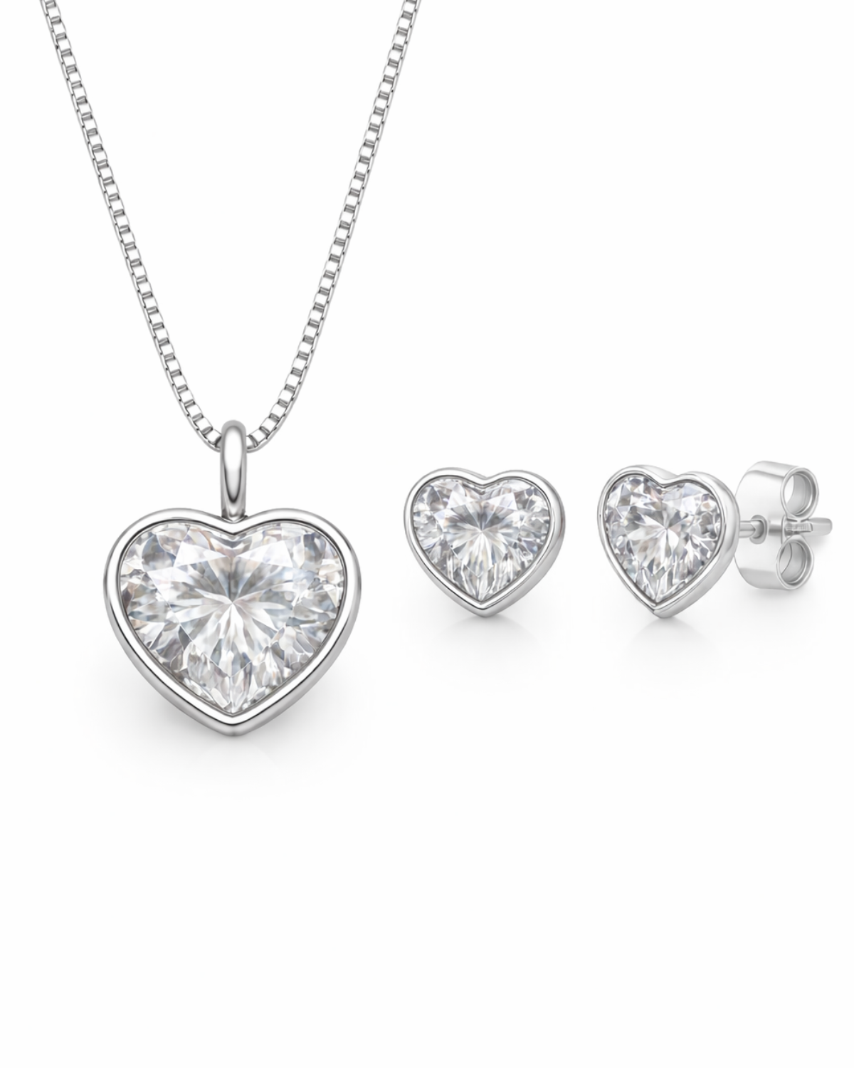 Conjunto Colar e Brinco Ponto de Luz Coração Cristal Prata 925