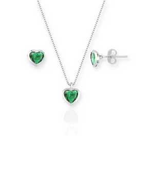 Conjunto Colar e Brinco Ponto de Luz Coração Esmeralda de Prata 925
