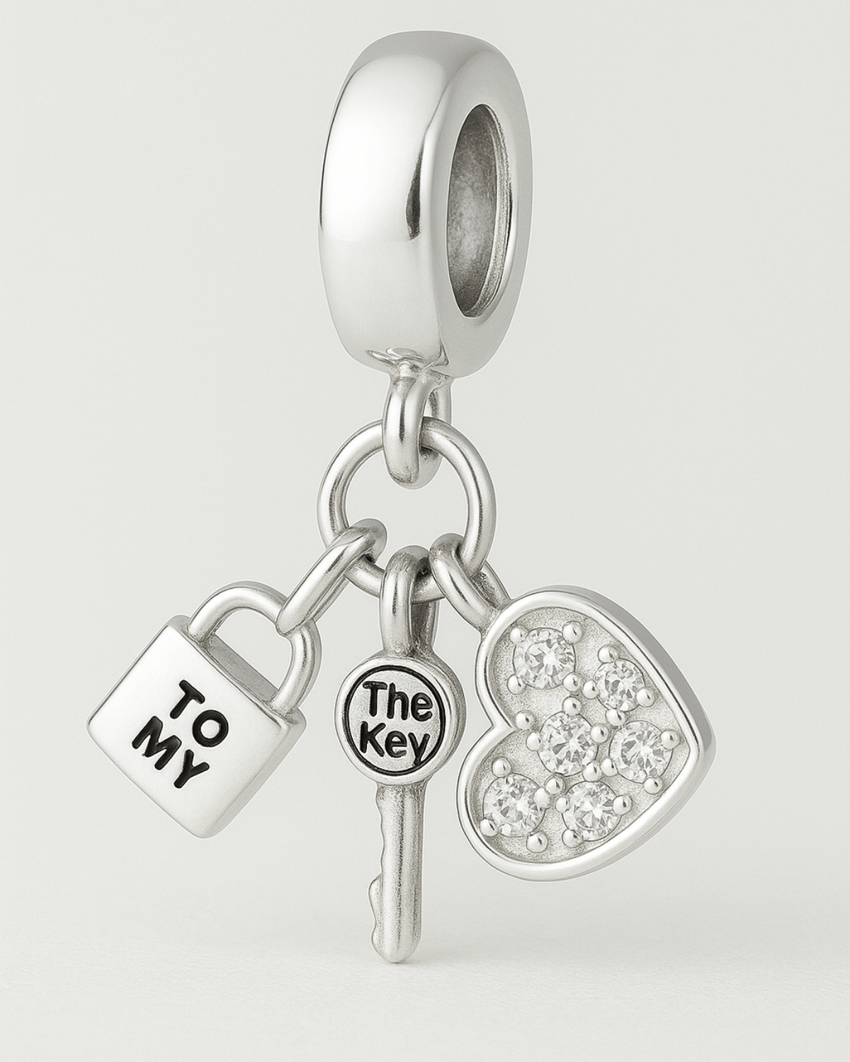 Berloque Coração, Chave e Cadeado Cravejado Prata 925 - Karina Pratas