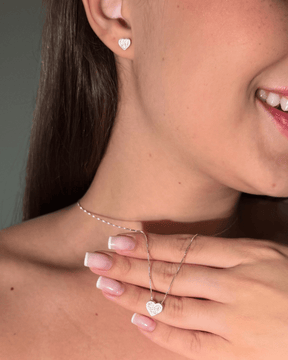 Colar e Brinco Coração Cravejado em Prata 925 - Karina Pratas