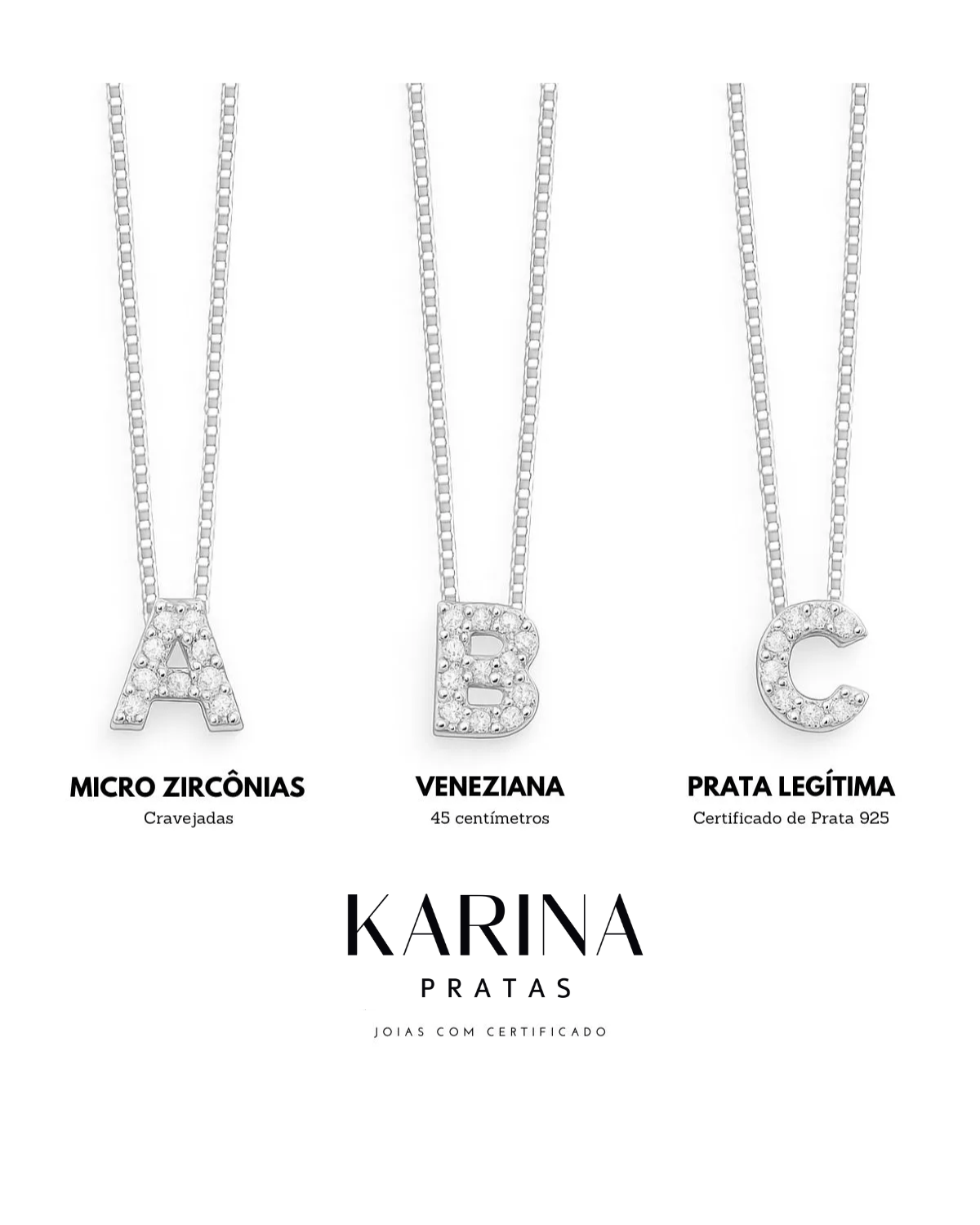 Colar Letra Inicial Cravejada em Prata 925 - Karina Pratas