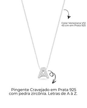 Colar Letra Inicial Cravejada em Prata 925 I 45 cm