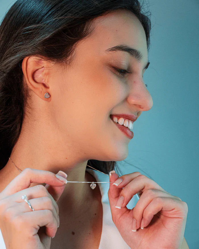 Conjunto Colar e Brinco Ponto de Luz Coração Cristal Prata 925