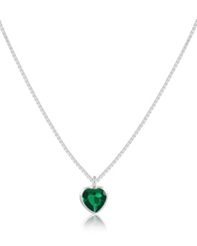 Colar de Prata Ponto de Luz Coração Verde Esmeralda (9mm) - 45cm Em Prata 925