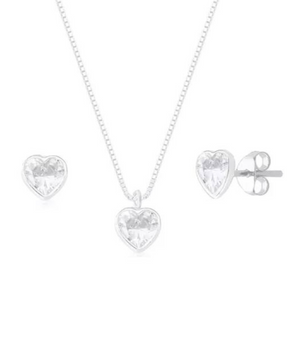 Conjunto Colar e Brinco Ponto de Luz Coração Cristal – Prata 925 | 45 cm