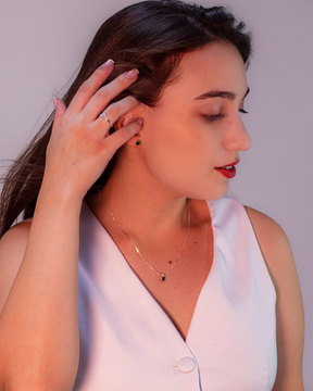 Conjunto Colar e Brinco Ponto de Luz Coração Esmeralda de Prata 925