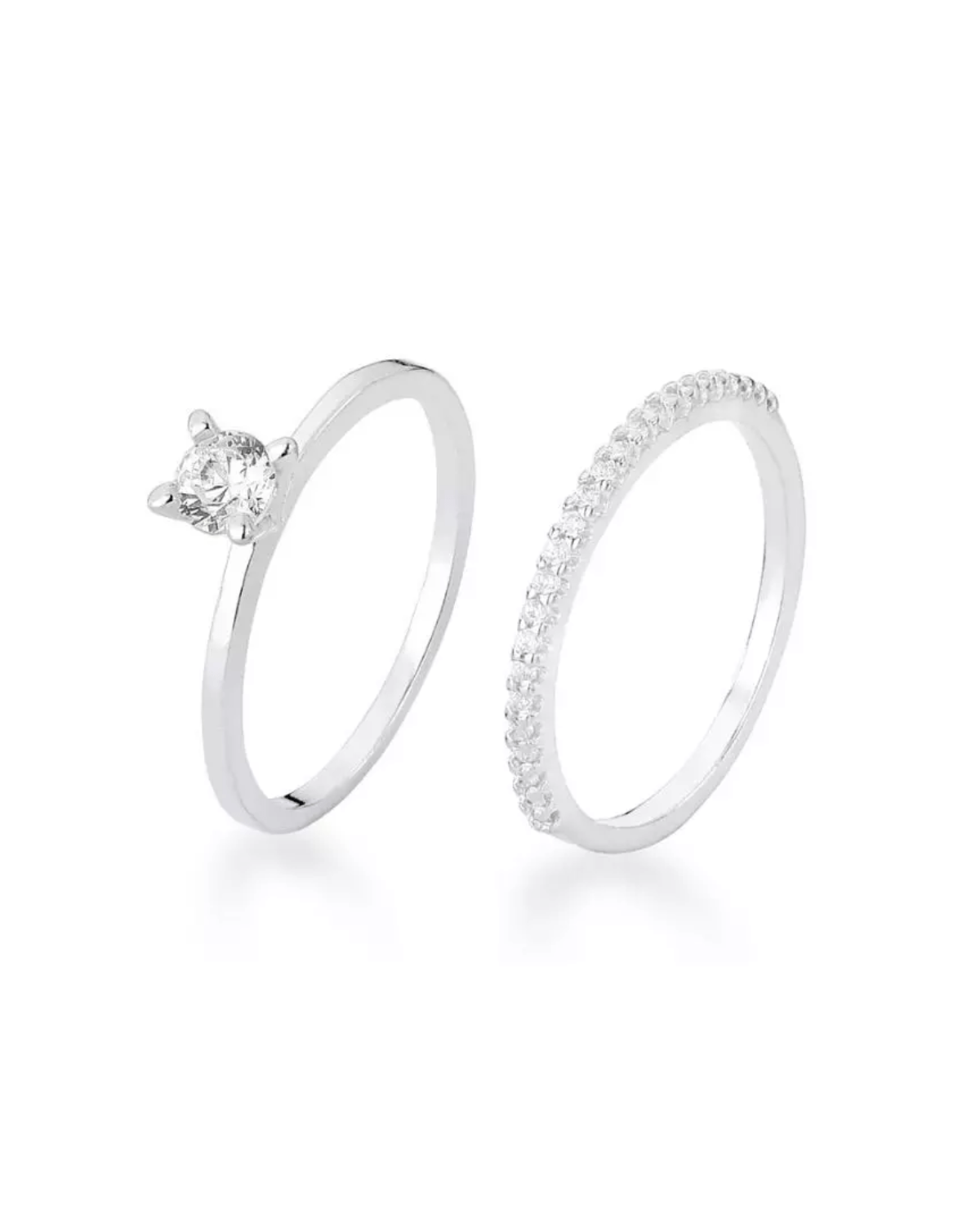 Kit Anéis Solitário e Meia Aliança Cravejada Prata 925 - Karina Pratas