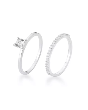 Kit Anéis Solitário e Meia Aliança Cravejada Prata 925 - Karina Pratas