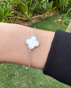 Pulseira Trevo Pedra Branco em Prata 925 - Karina Pratas